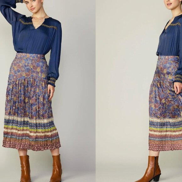 Current Air Floral Border Print Midi Blue Bohemian Western Rodeo Skirt Large - Picture 1 of 6